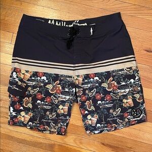 MAUI AND SONS Y2K Retro Black Tropical Print Men's Summer Holiday Swim Trunks